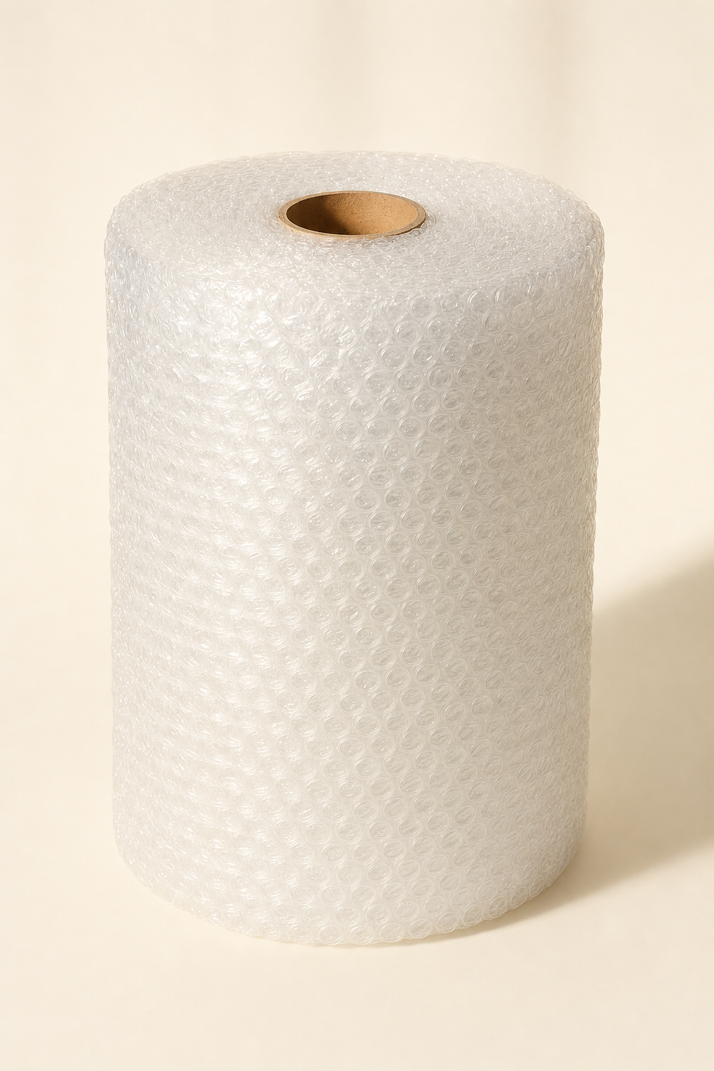 Large roll of clear bubble wrap on a cream background.