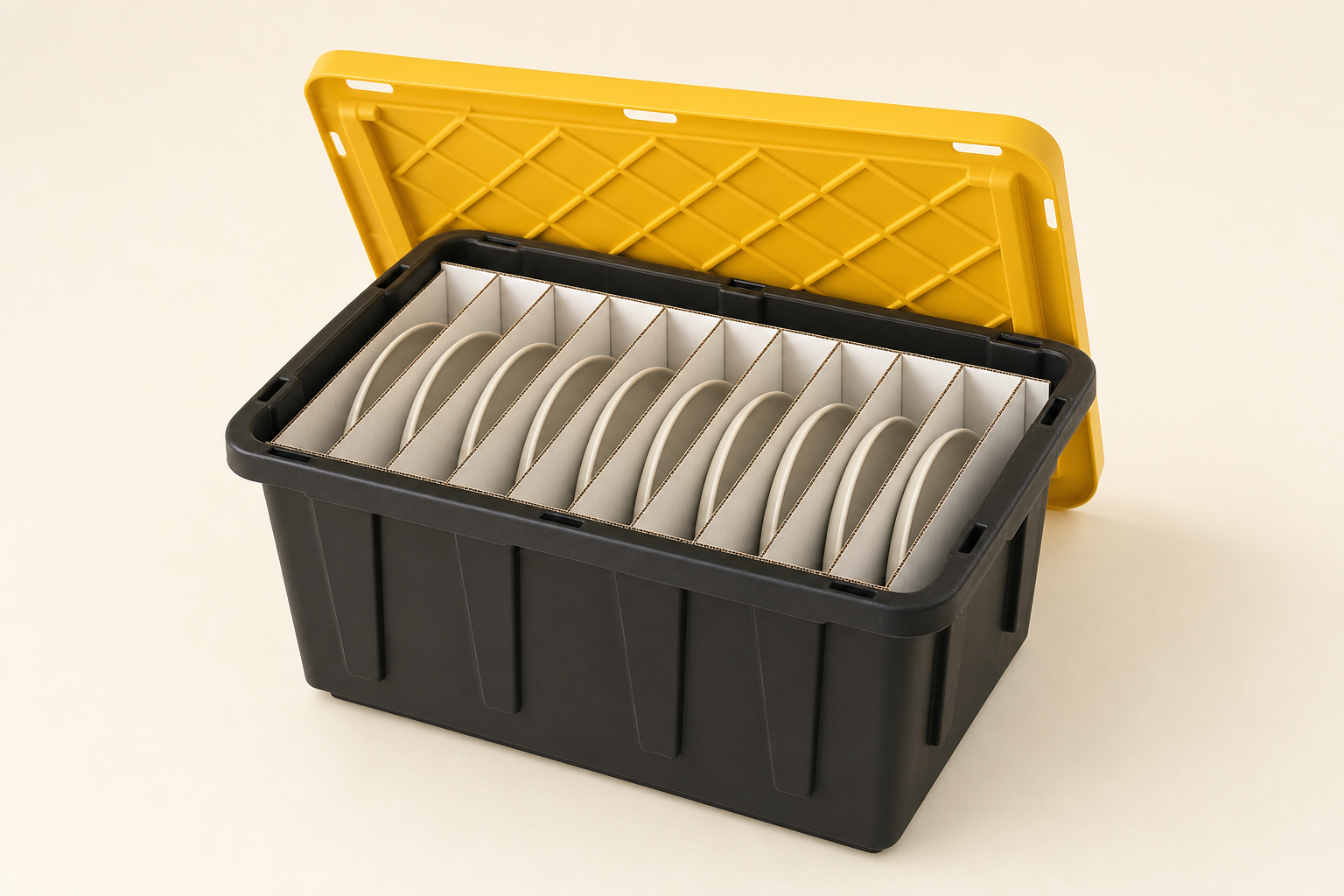 Black tote with yellow lid holding a slotted white divider insert protecting stacked dinner plates.