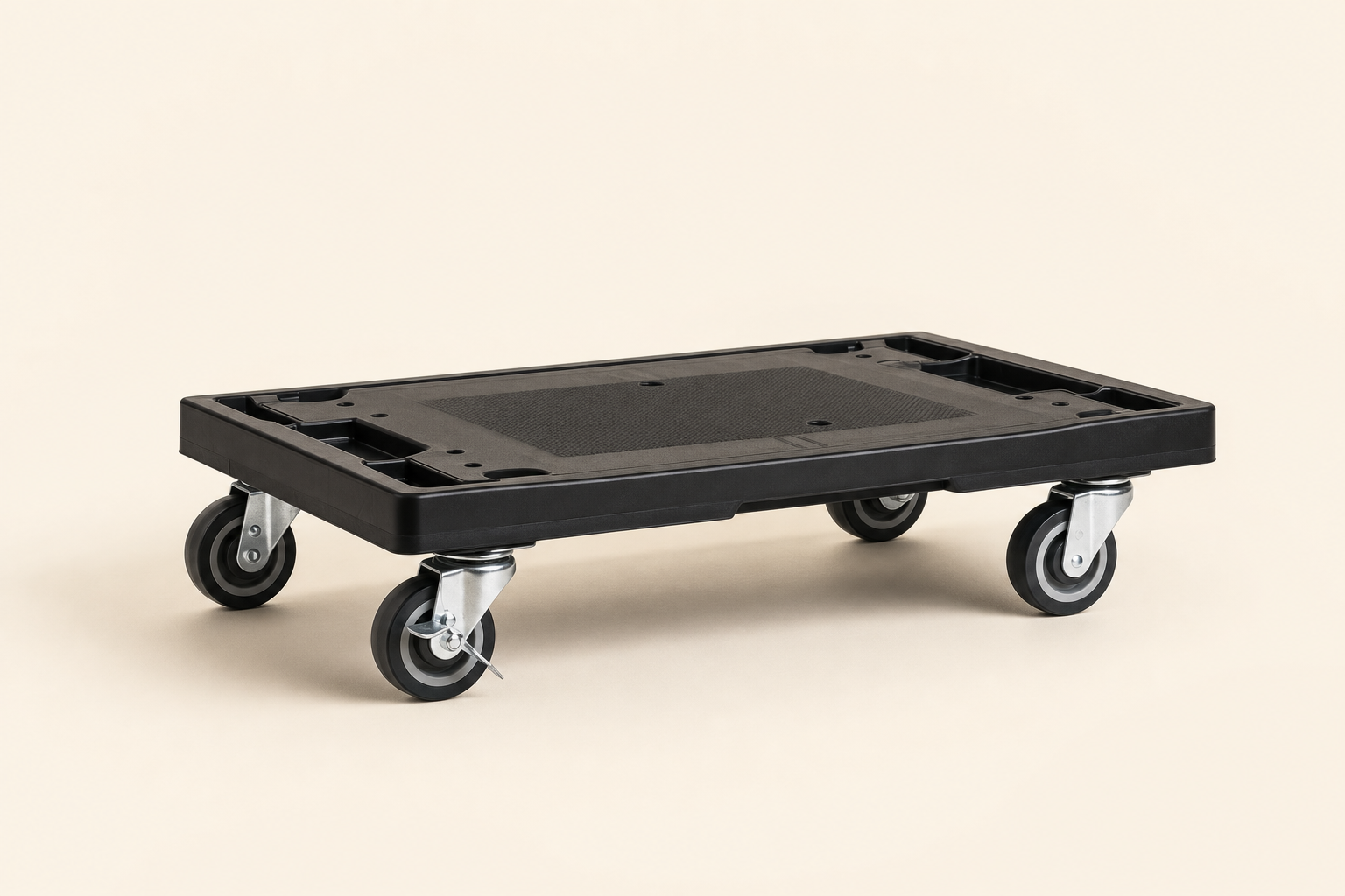 Professional black four-wheel platform moving dolly with heavy-duty non-marking casters.