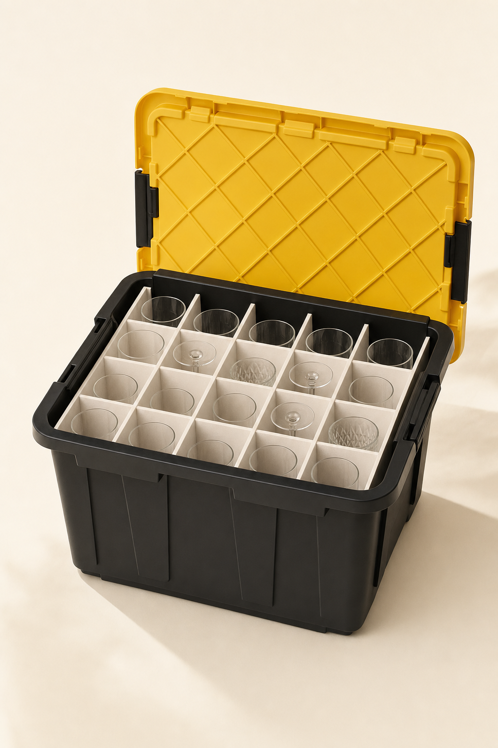 Black tote with yellow lid holding a cellular divider insert protecting glasses and stemware.