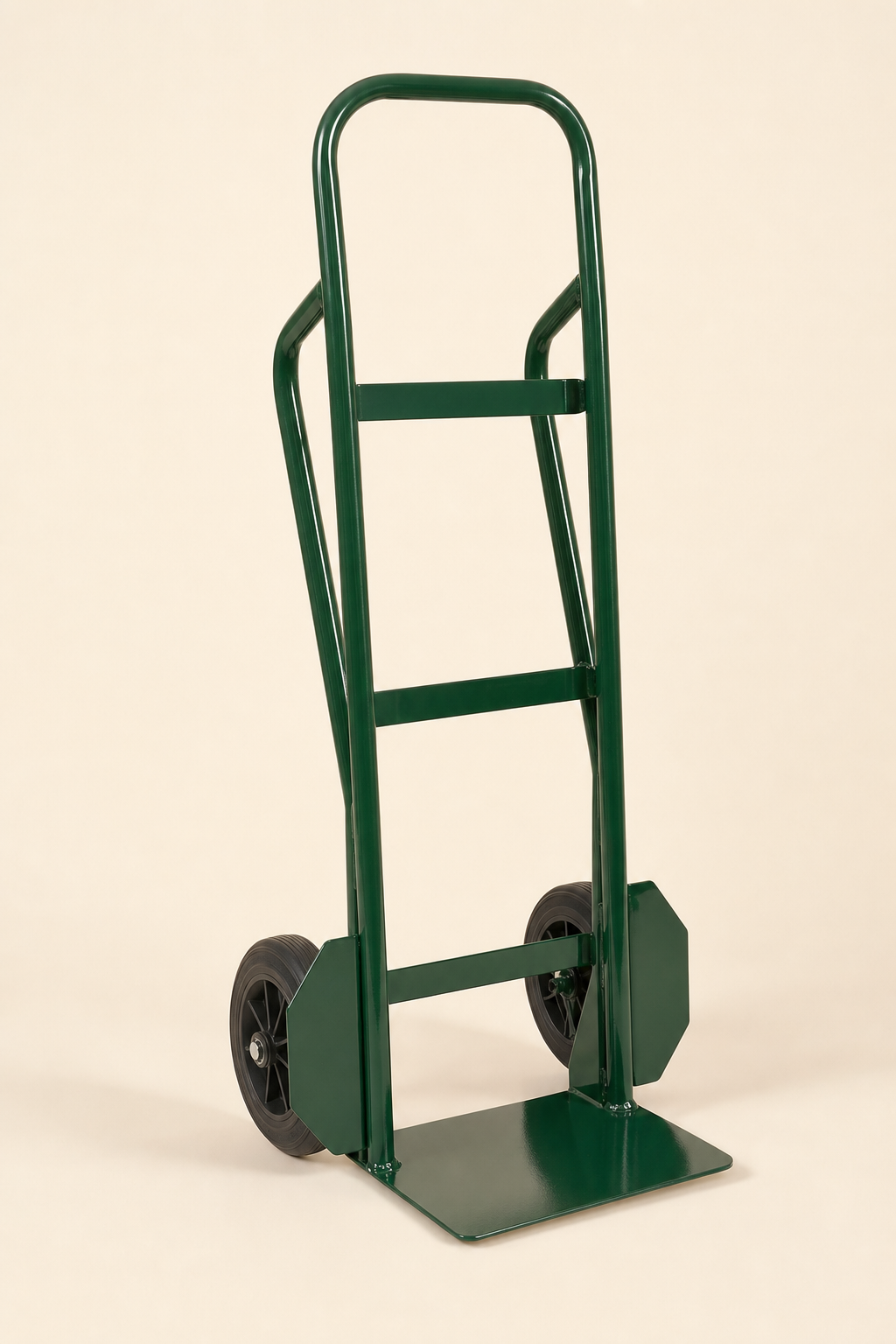 Heavy-duty steel two-wheel hand truck in dark green with rubber wheels.