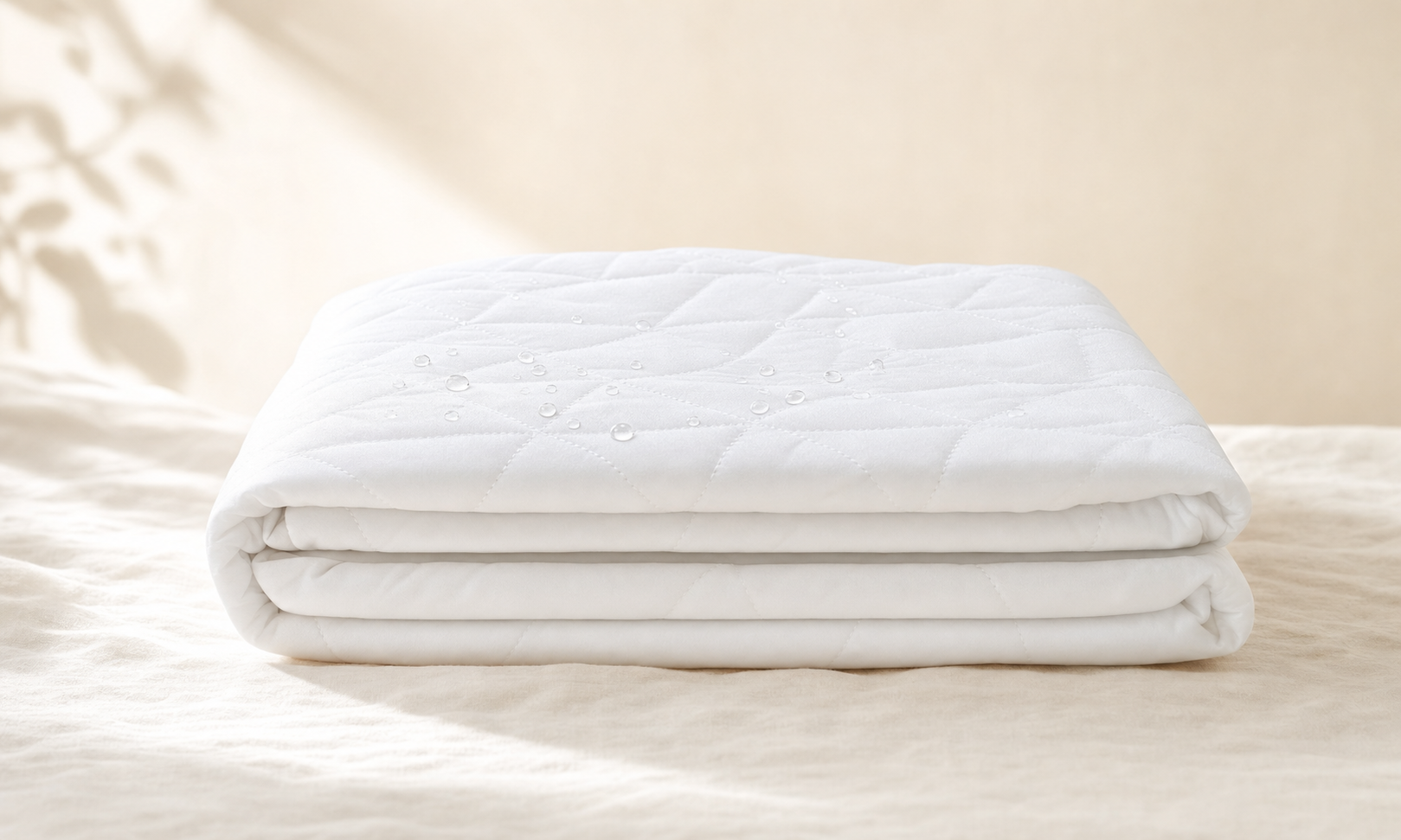 Folded white waterproof mattress protector on a linen surface.