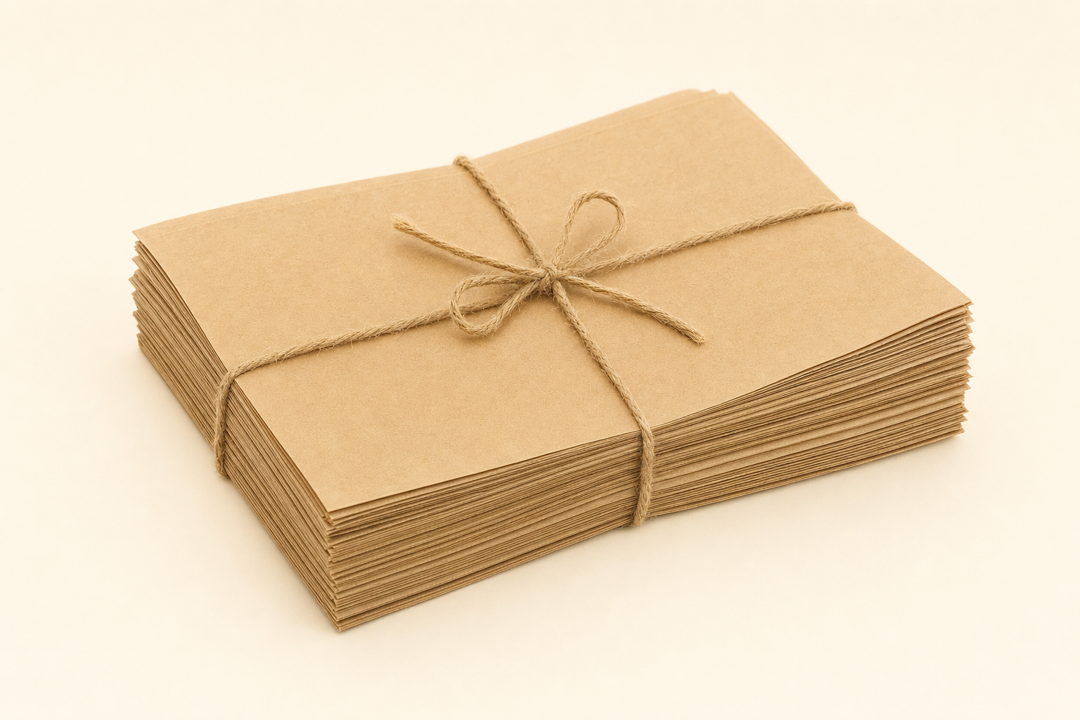 Neat stack of unprinted kraft packing paper tied with natural twine.