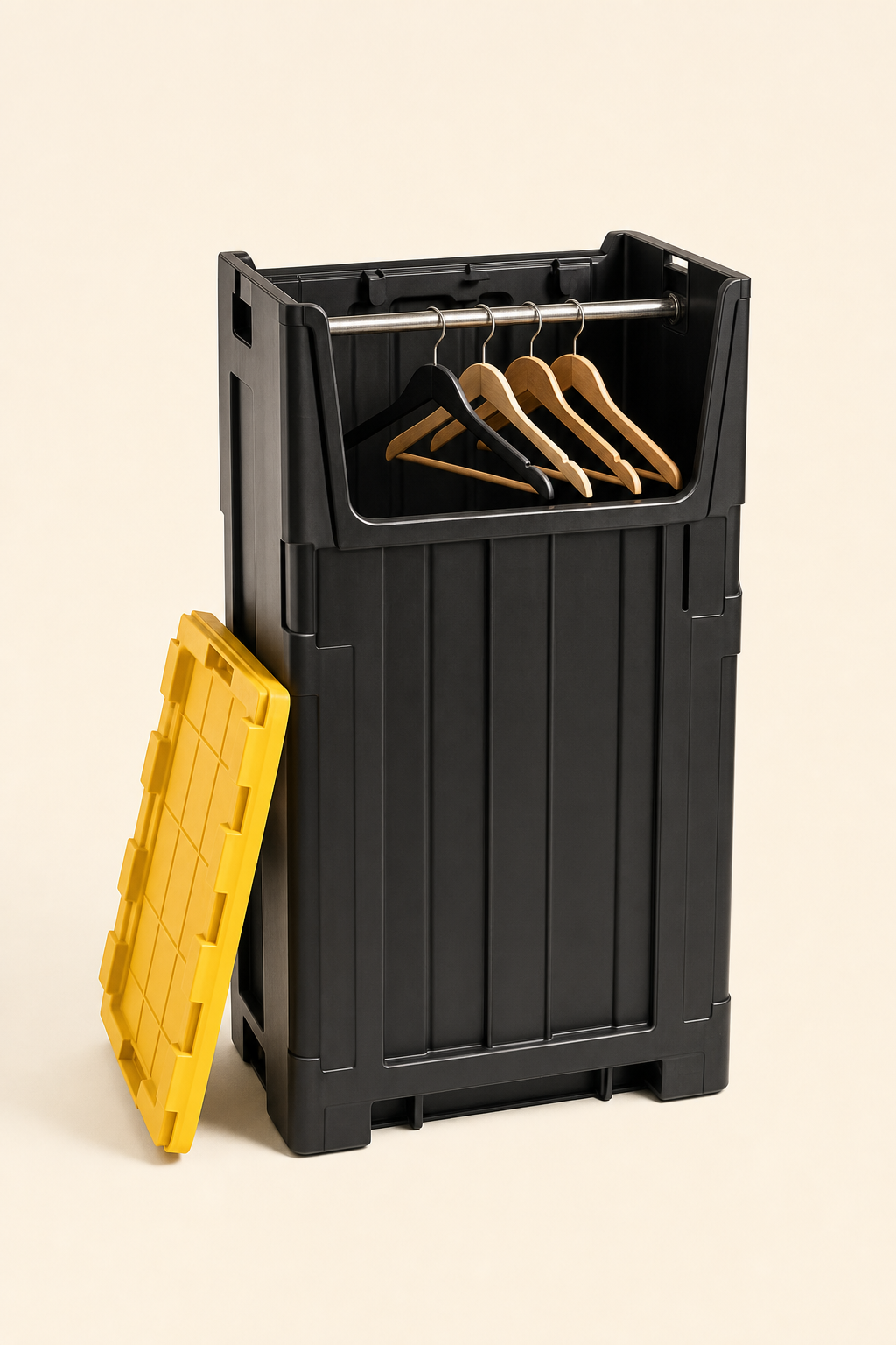 Tall black plastic wardrobe tote with an interior metal hanging bar and a few clothes hangers.