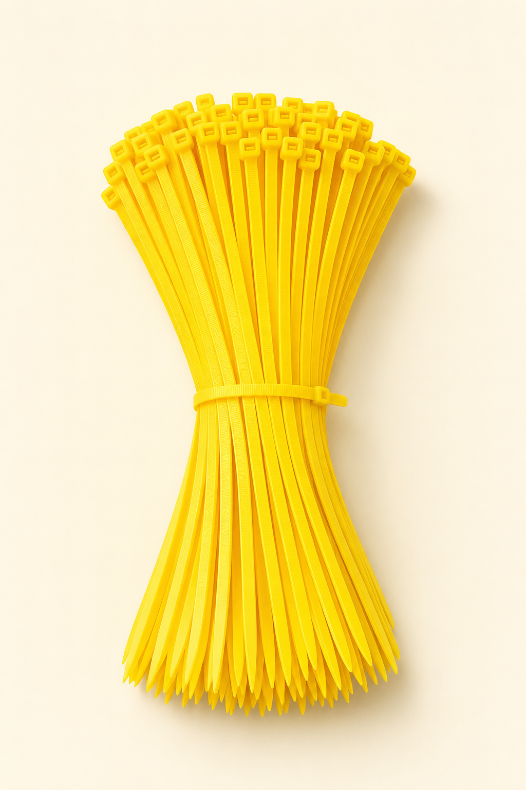 Bundle of one hundred bright yellow plastic security zip ties.