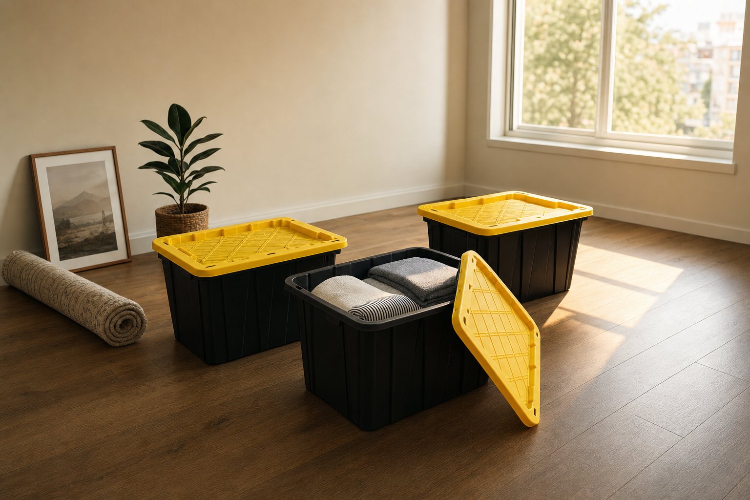 Three black totes with yellow lids on the wood floor of a sunlit new apartment, one open with folded linens inside and its yellow lid leaning against it.