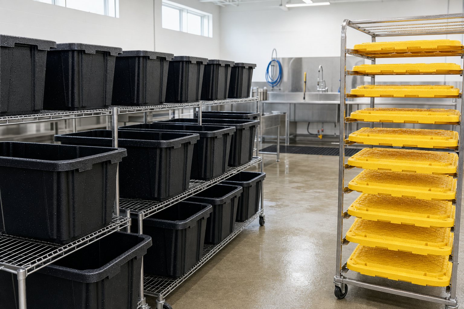 Rows of freshly washed black totes on stainless steel racks with their yellow lids air-drying separately in a bright warehouse wash bay.