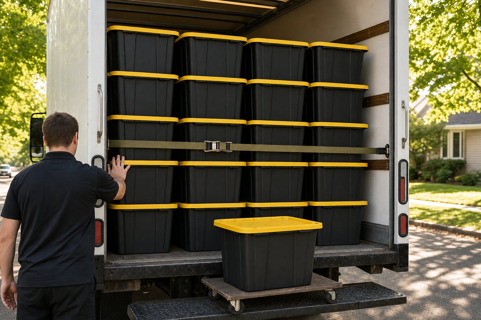The open rear of a white box truck loaded with neat columns of black totes with yellow lids, strapped to a load bar, on a tree-lined street.